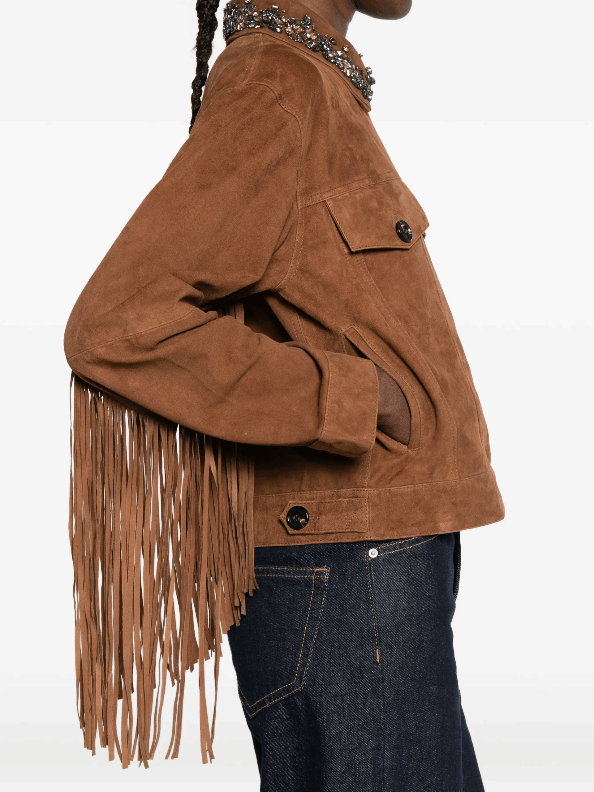 Giubbotto in camoscio con frange e collo gioiello Ermanno Firenze