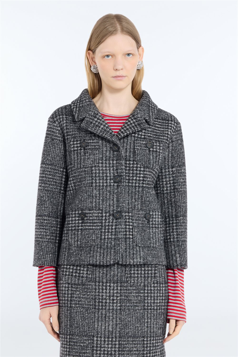 Giacca Short Coat in Lana Principe di Galles con Tasche Frontali N°21