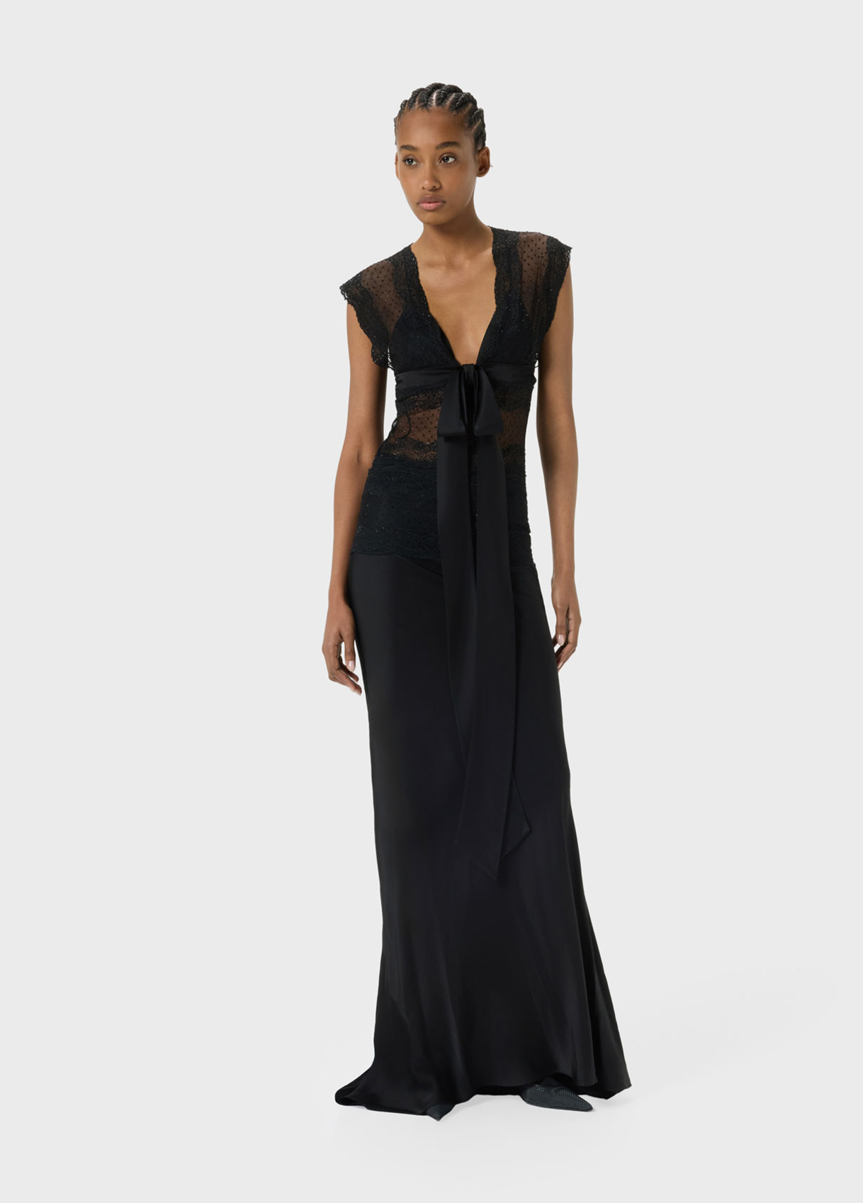 Abito Lungo Blumarine in Raso e Pizzo con Cristalli e Maxi Fiocco