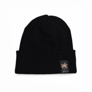 Berretto Beanie in Pura Lana Nero con Patch Palma N°21